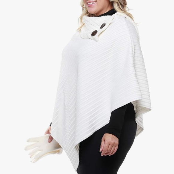 LE MODA WOMEN’S SHAWL PLEATED FLEECE PONCHO ONE SIZE WINTER WHITE COLOR - Picture 11 of 12